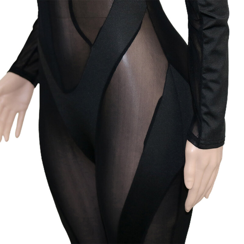 Sexy Women Jumpsuit Sheer Mesh See Through Party Night Full Sleeve Bodysuit Long Romper Women Overalls