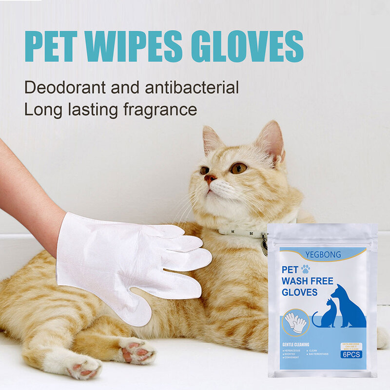 6 pçs descartáveis luvas de limpeza para animais de estimação luvas toalhetes luva dental removedor de mancha de orelha toalhas molhadas gato cão aliciamento limpo acessórios