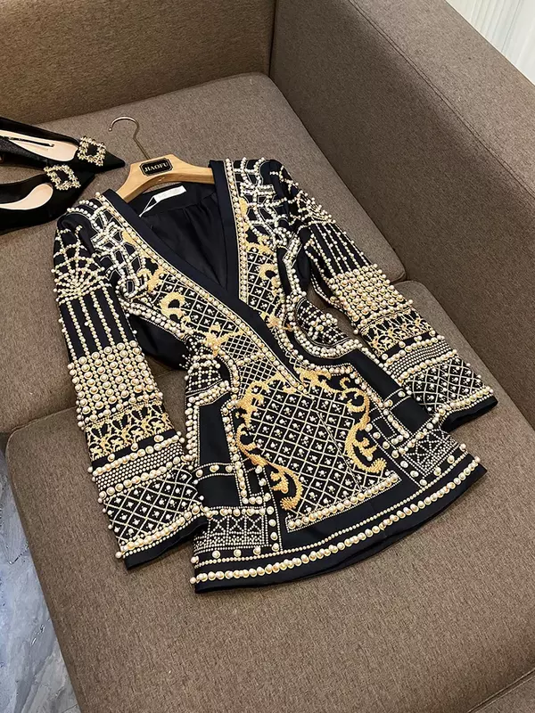 Manteau Blazer de Luxe avec Perles pour Femme, Imprimé Rétro, Col en V, Fermeture Cachée, Automne Hiver