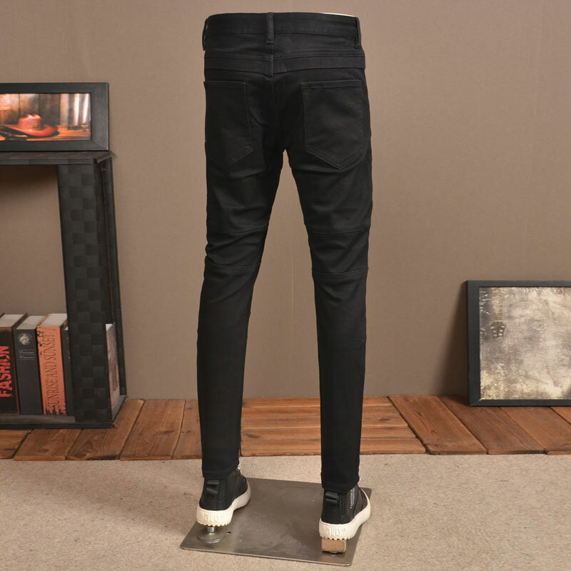 بنطلون جينز أسود ضيق مناسب للرجال ، مصمم بقسم ، جيب بسحاب ، بنطلون جينز هيب هوب ، موضة عالية في الشارع