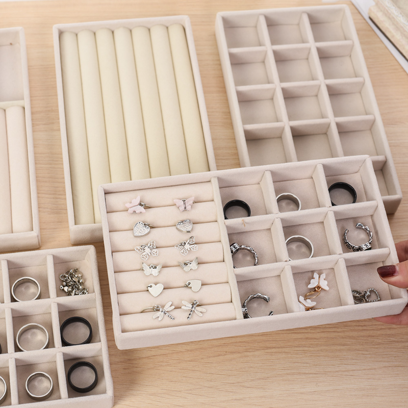벨벳 보석 트레이 보관 서랍, 작은 쌓을 수 있는 베이지 보석 상자 및 포장, 반지 귀걸이에 적합, 심플하고 실용적인