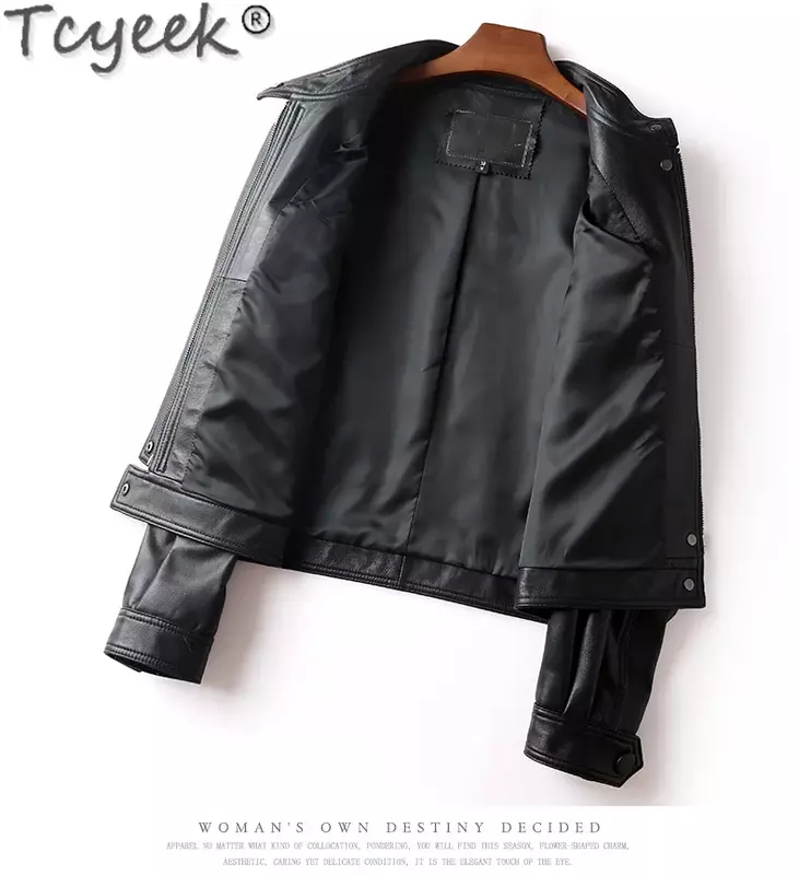 Tcyeek-abrigo de piel de oveja con capa superior para mujer, chaqueta de motocicleta de cuero Real a la moda, color negro y albaricoque, primavera y otoño