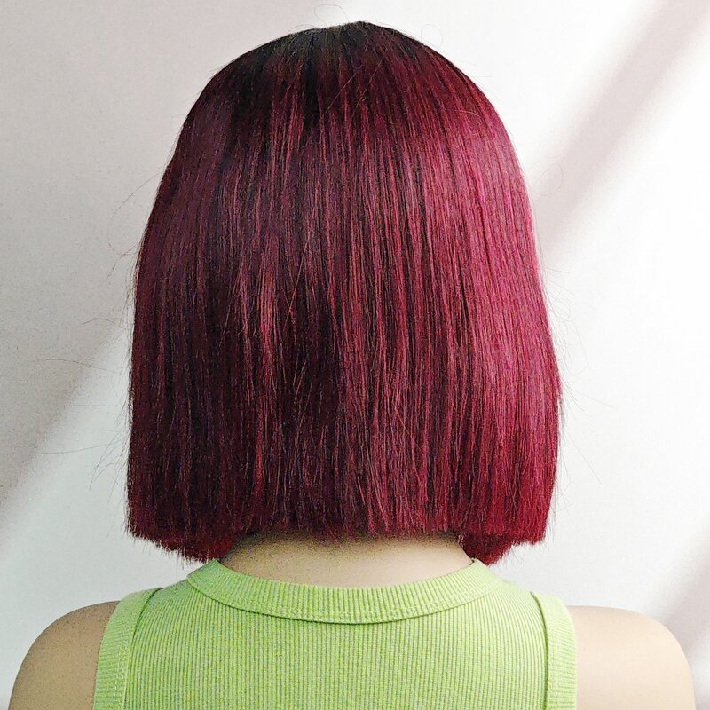 Peruca curta reta Bob, cabelo humano colorido, cabelo brasileiro pré-arrancado, densidade de 180%, T1B-99J Color, laço 2x6