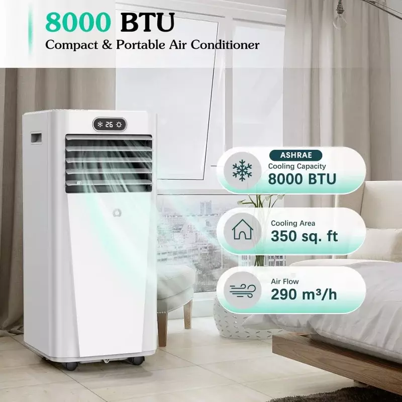 Condicionador de ar portátil com desumidificador, ventilador, modos legais, 3 em 1, unidade de CA para salas de até 350 pés quadrados, 8000 BTU