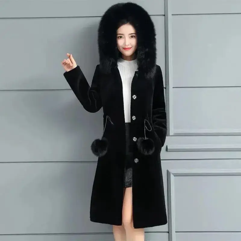 2023 Faux Fur Coat Women Hooded Mink Cashmere Slim Fit Solid Long Sleeve Thick Warm Single Breasted Fur Coat