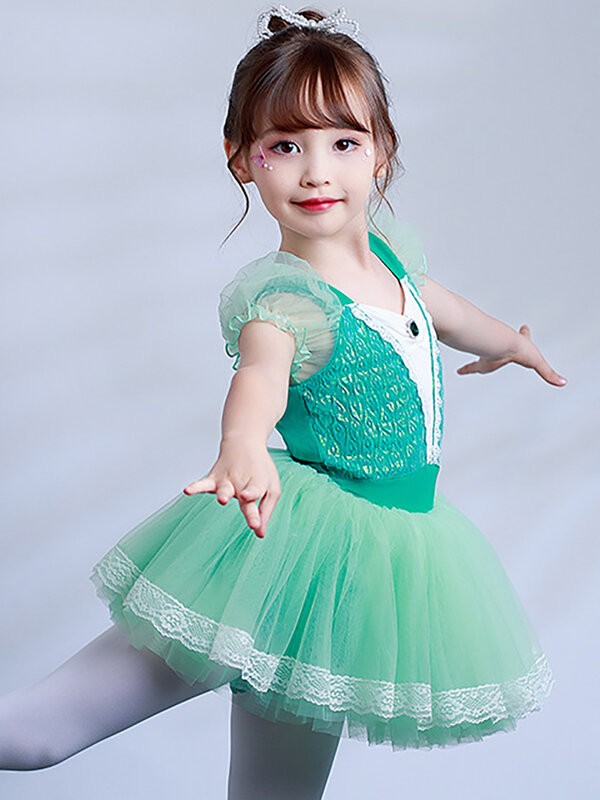 Grüne Kinder Mädchen Fee Mesh Tutu Ballett Tanz kleid offenen Schritt Bühne Leistung Gymnastik Trikot Ballerina Kostüm Tanz kleidung
