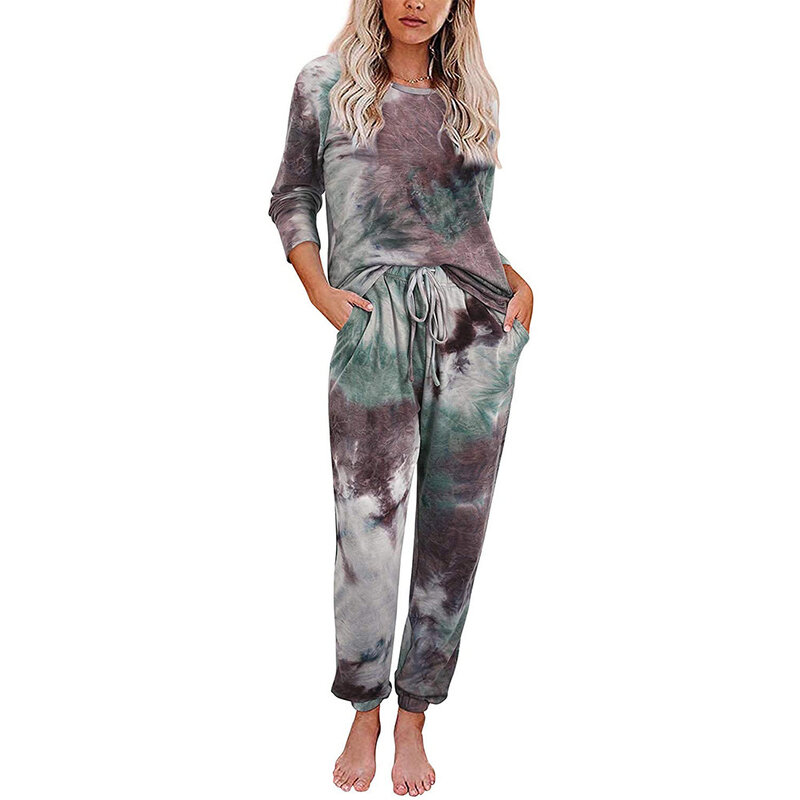 Terno de pijama feminino estampado com corante, calça de manga comprida, calça feminina dividida, outward wear, outono e inverno, 2022