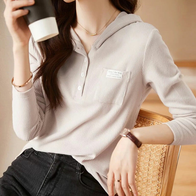 امرأة الموضة قمصان سويت شيرت بقلنسوة 2022 جديد طويل الأكمام بلون جيوب فضفاضة الكورية عادية تنوعا مكتب سيدة شارع العليا
