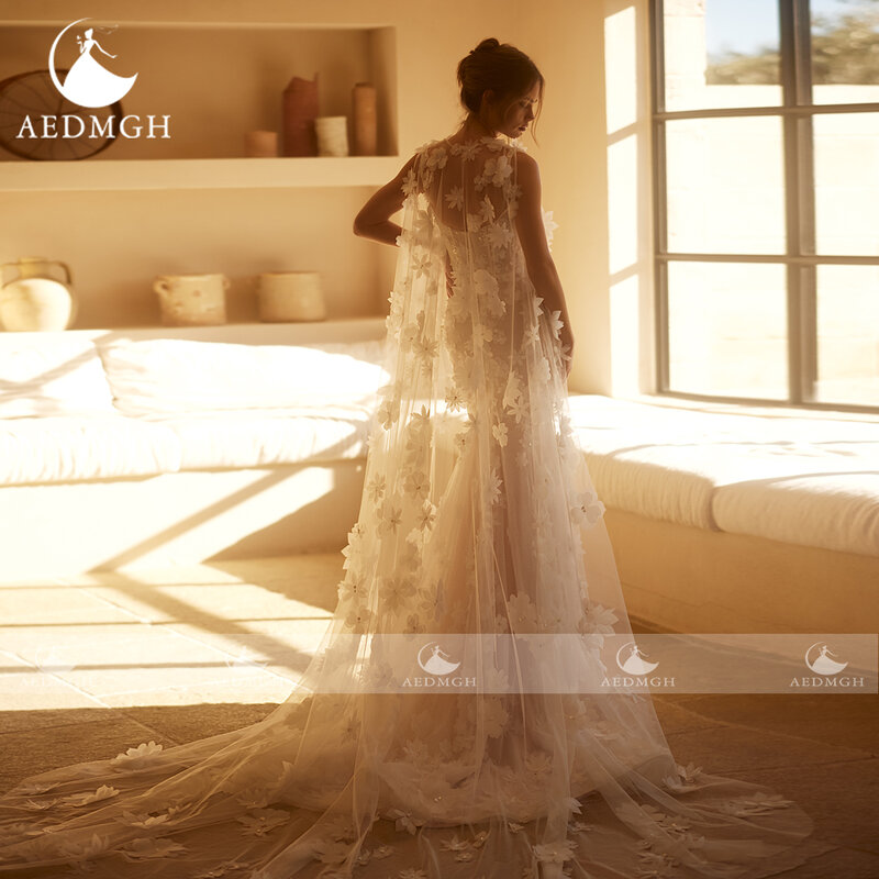 Aedmgh-Sereia vestidos de casamento impressionantes, vestido recortado sem mangas, bordado em renda, flores 3D, 2020