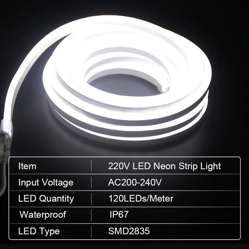 Impermeável LED Neon Strip, ao ar livre, 2835, 750W, 1500W, Lâmpada flexível, 220V, Branco, Quente, Fita Led Branca, Tuya, WiFi, Bluetooth, Remoto