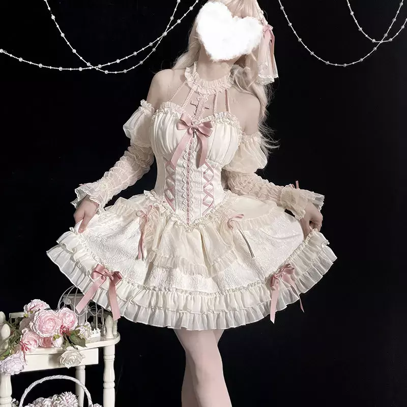 Japońska słodka sukienka księżniczki Lolita gotycki krzyż kokardka koronkowe falbany sukienki imprezowe dla dziewcząt Harajuku śliczny bandaż Y2k Vestidos