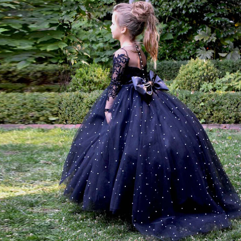 Kwiatowe sukienki dla dziewczynek długie aplikacje dziecko dziewczynka wesele sukienki perły pełne rękawy suknia na przyjęcie urodzinowe dla dzieci konkurs dla dzieci