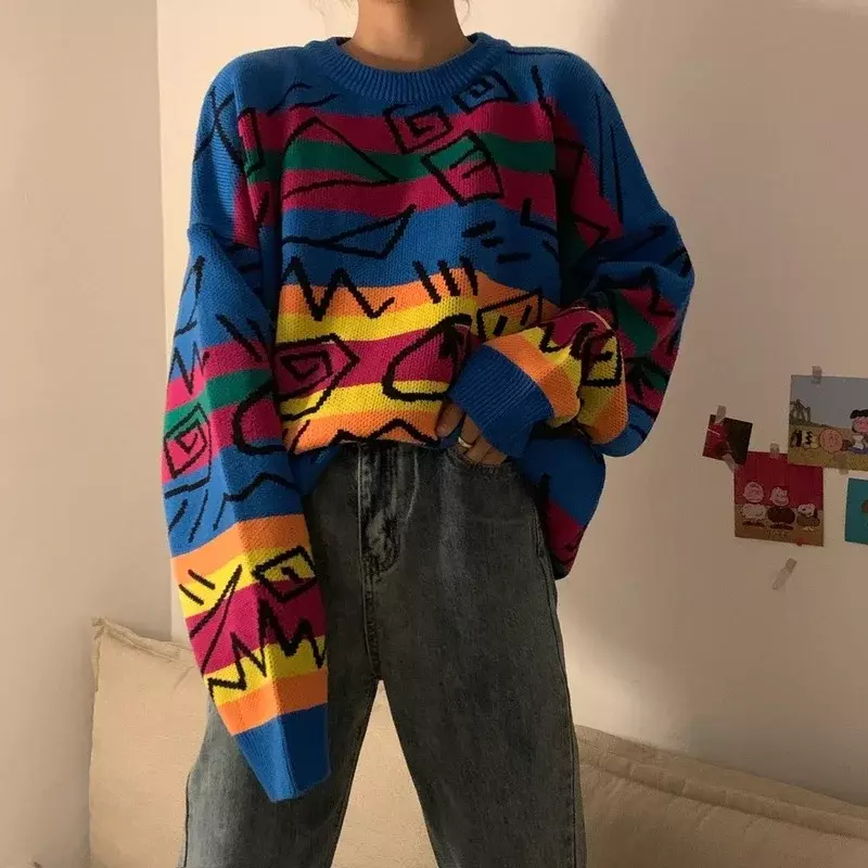 Suéteres de punto a rayas de arcoíris con Graffiti para mujer, jersey de manga larga, cuello redondo, informal, Tops de punto
