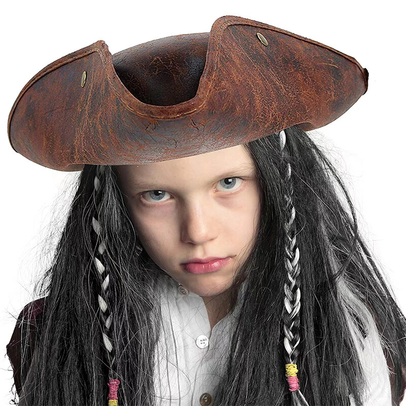 Brown angustiado pirata tricorn chapéu para homens e mulheres, festa de máscaras, couro falso, traje de Halloween, acessórios cosplay