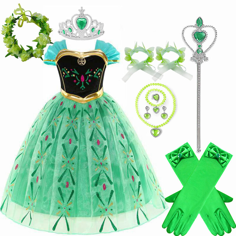 Kinder Prinses Kostuum Meisjes Korte Carnaval Pailletten Jurk Anna Cosplay Kostuum Kinderen Carnaval Groene Verjaardagsfeestje Outfit