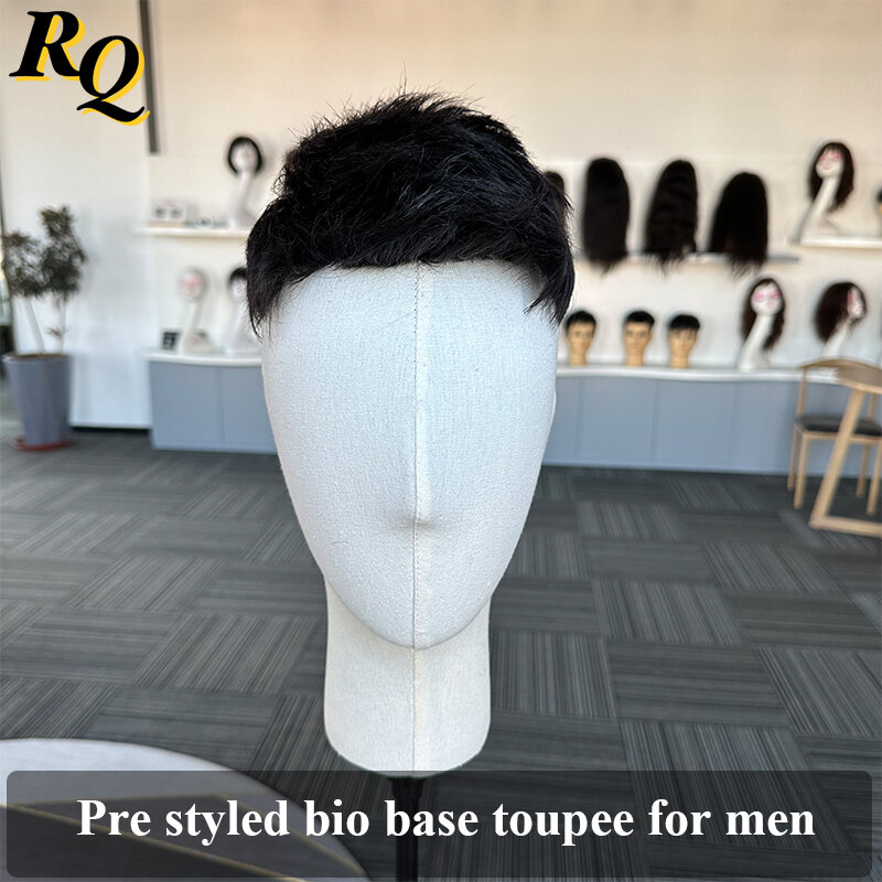 Pre Styled Cut Men's Human Hair System Bio Pu Basement Toupee For Men Male Hairpiece Toupee Virgin Human Hair Replacement System