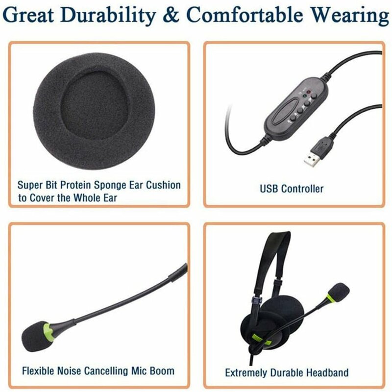 Casque d'affaires filaire USB pour ordinateur, casque de centre d'appels avec microphone, suppression du bruit, PC, ordinateur portable