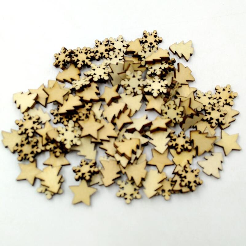 5X 100 Pieces Assorted Wood Star Christmas Tree Snowflake Embellishments