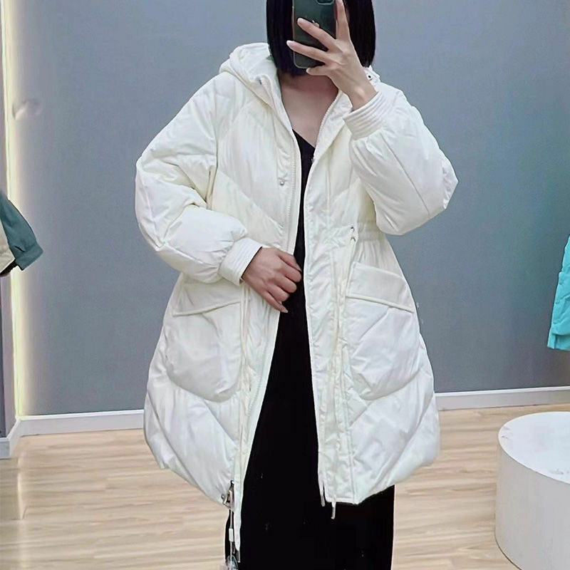 Новинка 023, Женская куртка на белом утином пуху, зимнее пальто, женские парки средней длины, свободная верхняя одежда с капюшоном, плотное теплое облегающее пальто