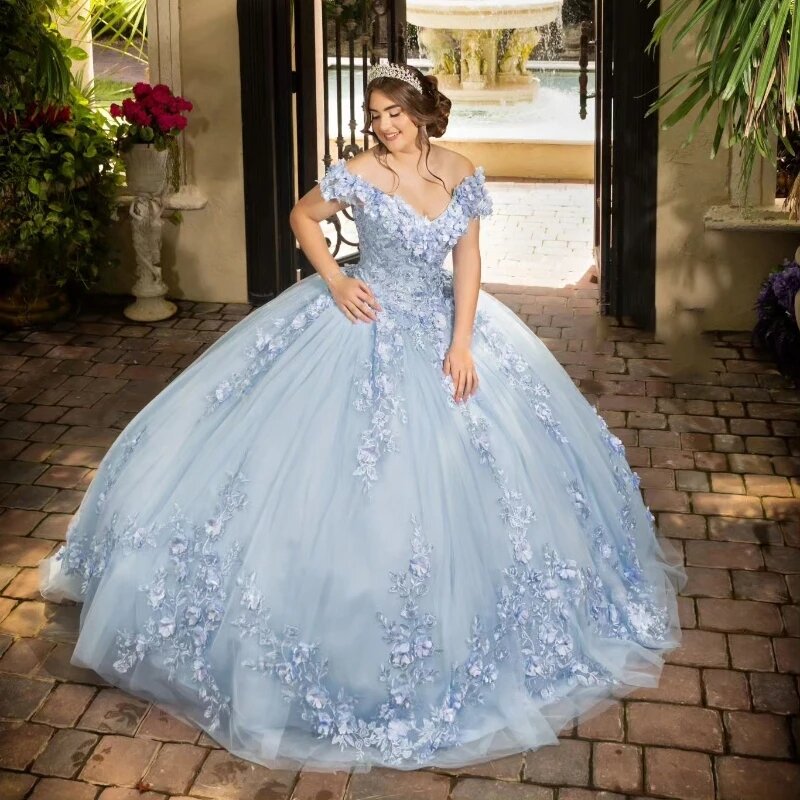 Sky Blue V-Neck Ball Gown Quinceanera Dresses Off The Shoulder Appliques Lace Flowers Vestido De 15 Anos Sweet 16