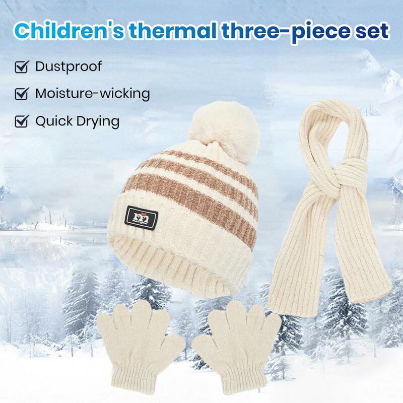 Sarung tangan rajut anak-anak, tutup kepala syal dengan bola bulu tebal untuk luar ruangan musim gugur dan dingin