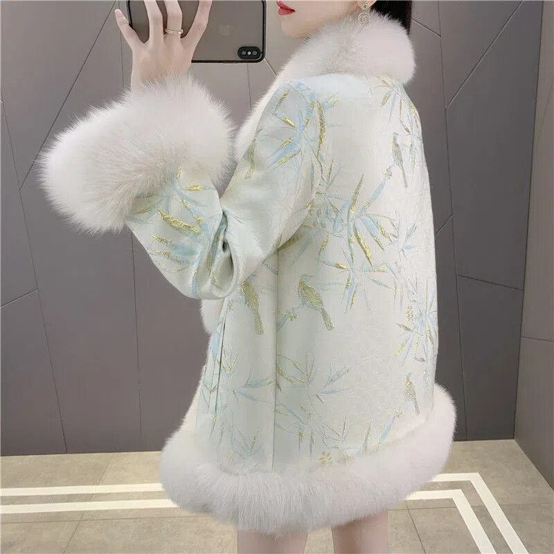 ใหม่ Faux Fur Coat ฤดูใบไม้ร่วงฤดูหนาวสุภาพสตรีเทียม Fox Fur Overcoat แผ่นหัวเข็มขัดชุดจีน Hairiness เสื้อกันหนาว Lady Tops