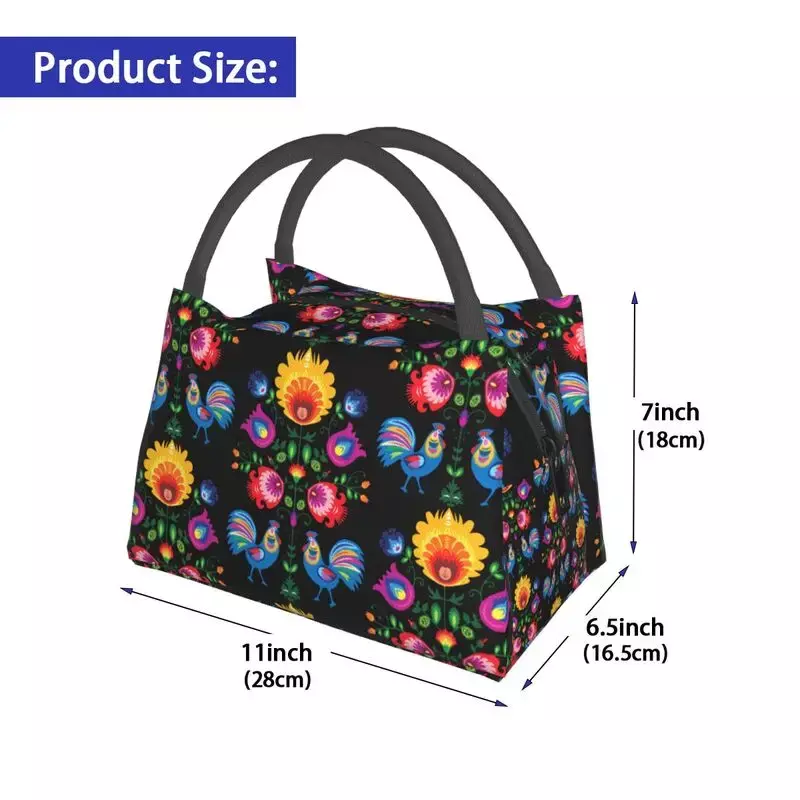 Polish Folk Flowers And Roosters Lunch Box for Women Waterproof Poland Floral Art Cooler Thermal Food Insulated Lunch Bag