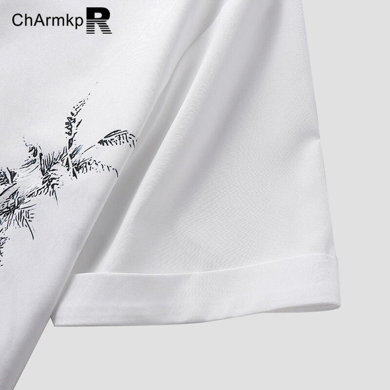 Camisas de manga curta com estampa vegetal masculina, gola virada para baixo, camisa de botão, tops verão, camiseta streetwear, Charmkpr, 2022