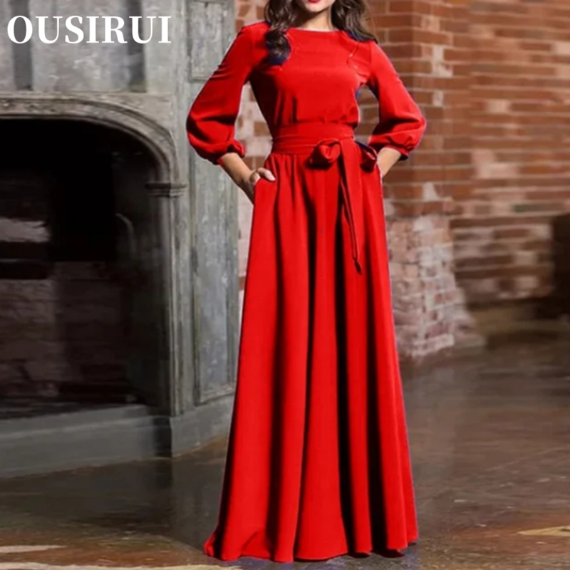OUSIRUI-Vestido largo hasta el suelo para mujer, traje De fiesta con manga farol, elegante, Vintage, pajarita, Otoño, 2024