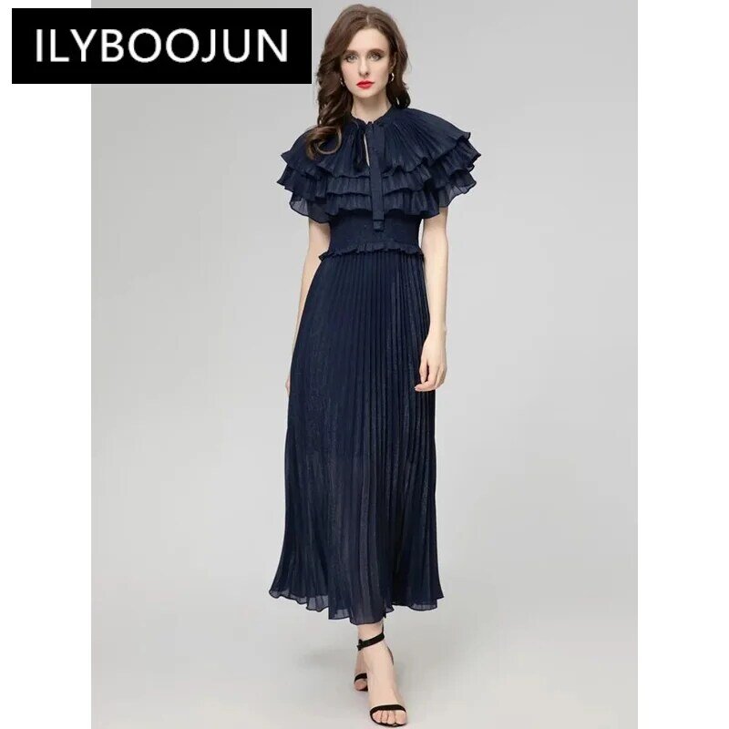 ILYBOOJUN-Robe longue à lacets pour femme, col papillon, manches, taille élastique, vintage, fête, créateur de mode, printemps