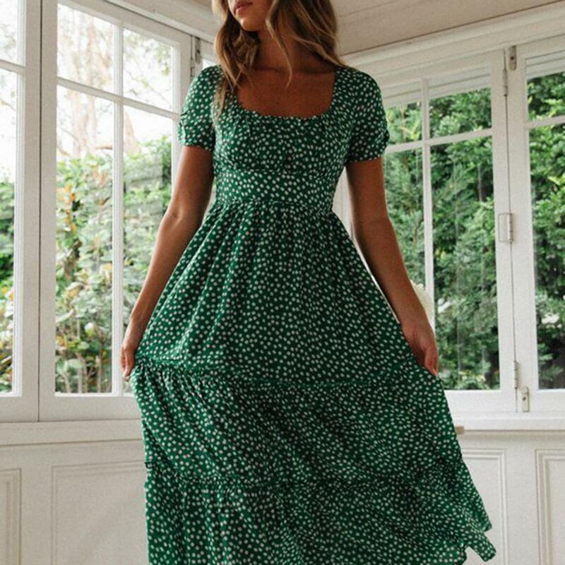 Women High-rise Waist Dress Floral Patchwork A-line Midi Dress With Bubble Sleeves Square Neck Women's Flowy Hem For Dating