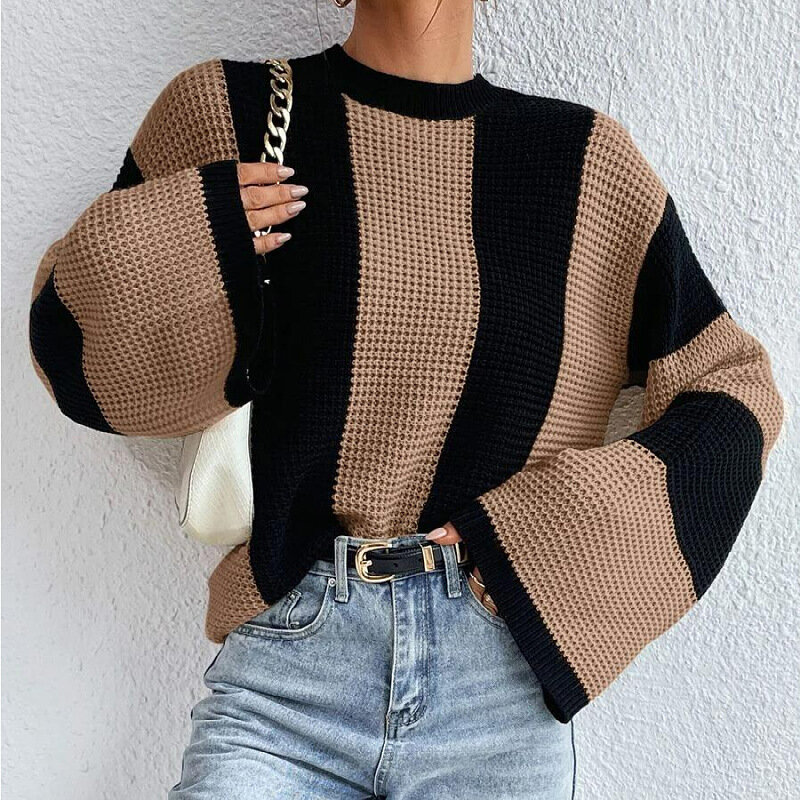 Atasan Pullover wanita, Sweater rajut leher tiruan lengan lonceng warna
