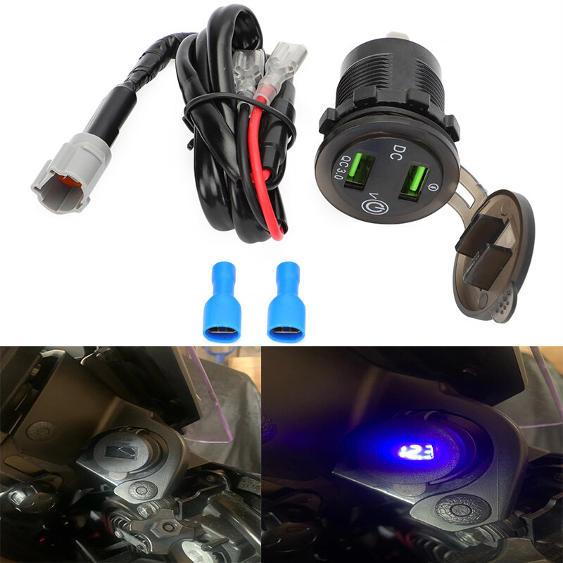 For Yamaha QC3.0 Dual USB Motorcycle Charger Plug Socket Adapter Plug&Play Auxiliary Port with Cable Tracer 900 MT09 FZ09