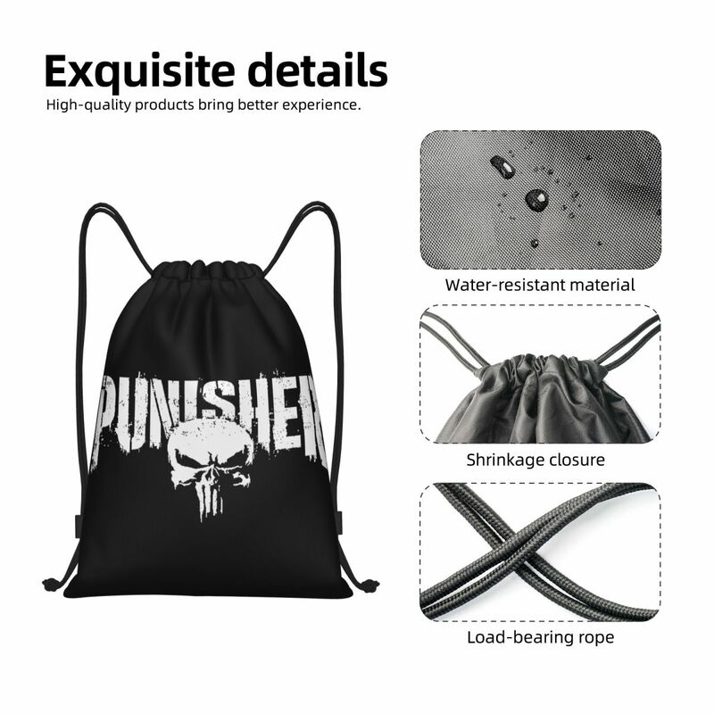 Custom Superhero Drawstring Bag para homens e mulheres, Portable Sports Gym Sackpack, Punisher Skull Symbol, Training Storage Backpacks