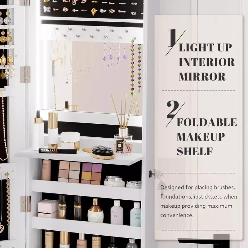 47.2" LED Jewelry Mirror Cabinet, Wall/Door Mounted Jewelry Armoire Organizer with Full-Length Mirror, Storage Hanging Cabinet
