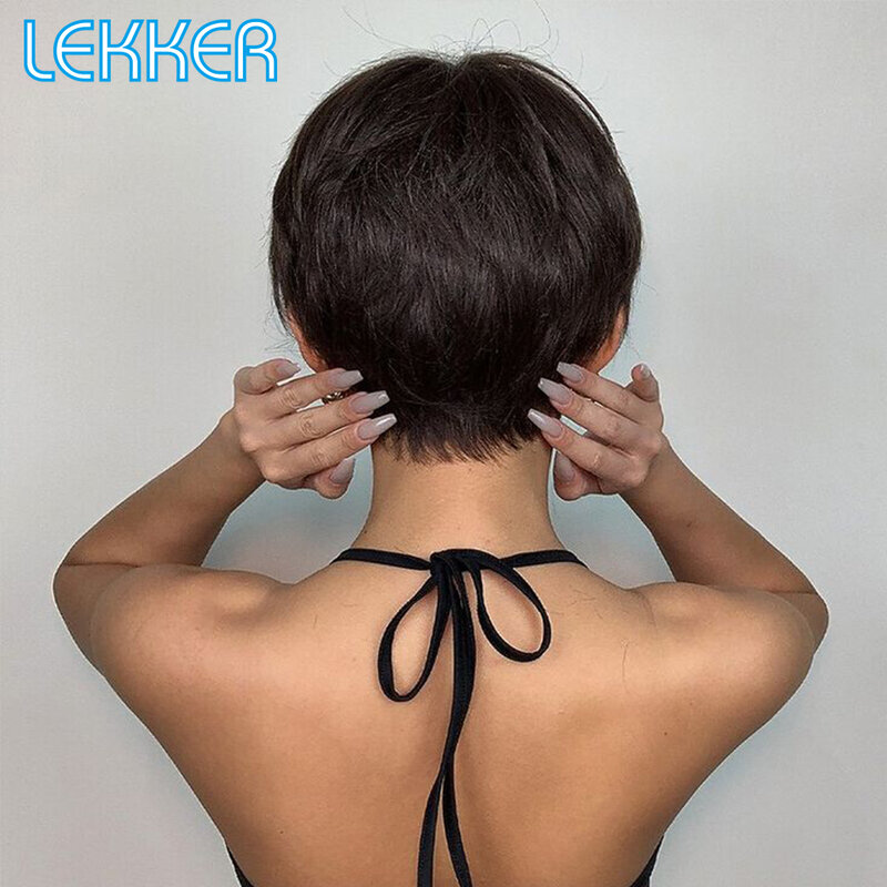 Lekker-Peluca de cabello humano liso con flequillo para mujeres negras, pelo Remy brasileño, corte Pixie corto, color marrón Natural, Wear and Go