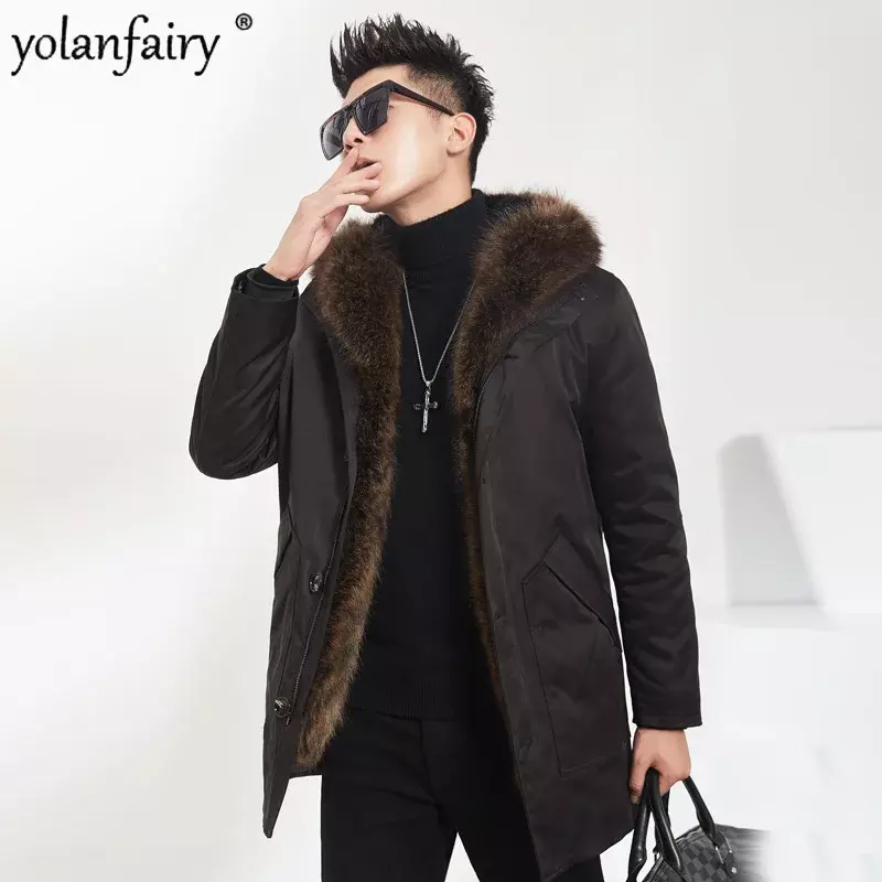 Comprimento médio Natural Mink Fur Coat para homens, jaqueta Parka, casaco com capuz, gola de pele de guaxinim real, inverno, novo, FCY4935, 2023
