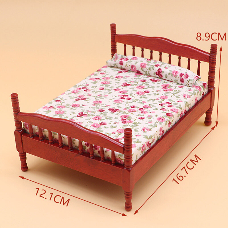 1:12 Dollhouse Miniature Double Bed Model European Bedroom Scene Furniture Accessories For Doll House Decor Kids Play Toys Gift