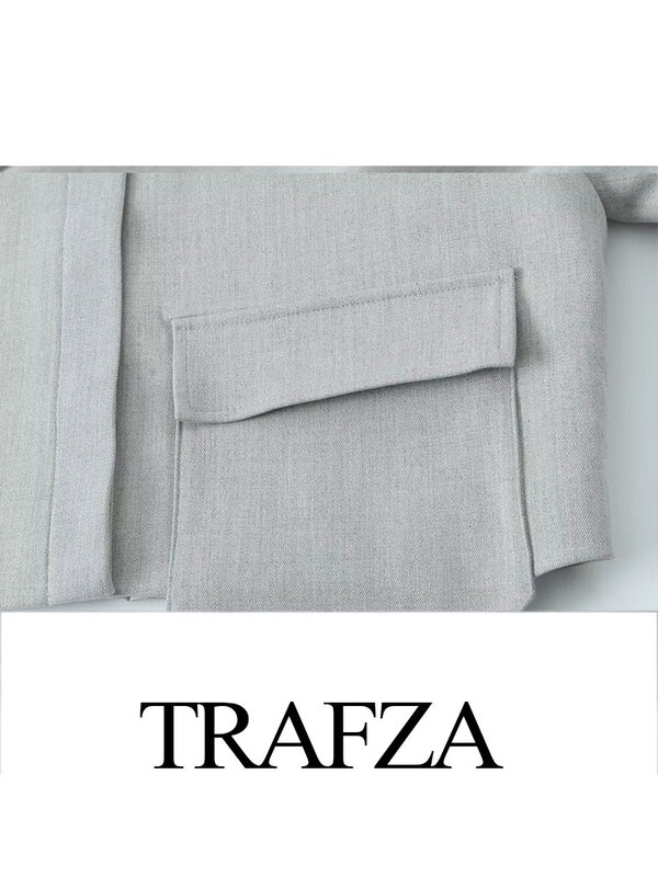 TRAFZA-jaqueta curta com bolsos de remendo para mulheres, manga longa, botão escondido, top chique, casual e elegante, para primavera