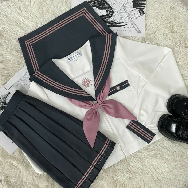 Fato feminino cinzento, uniforme JK, fato de marinheiro, saia plissada, manga comprida e curta, estilo universitário japonês, estilo escolar, roupa da moda