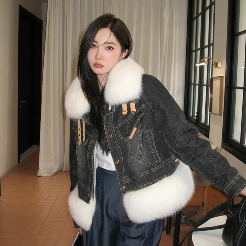 Casaco jeans casual feminino, jaquetas com zíper, gola de pele de raposa real, casacos chiques, moda, inverno