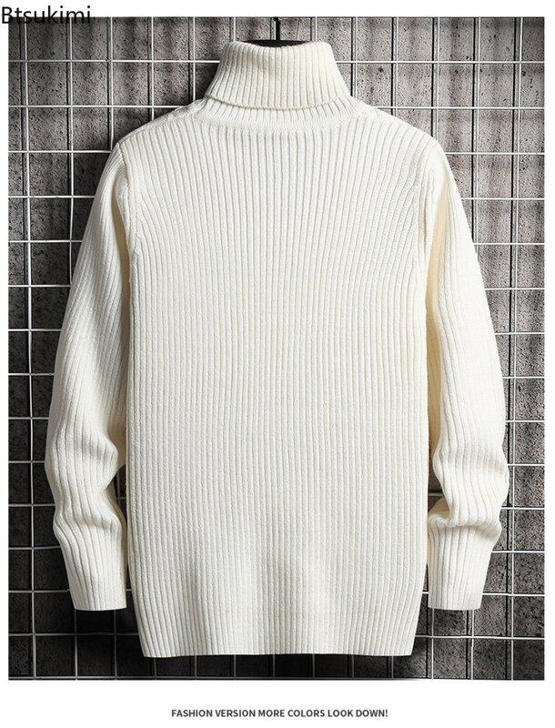 Мужская зимняя теплая водолазка 2024, вязаный толстый пуловер, Повседневные свитера, вязаные однотонные свитера с высоким воротником для мужчин
