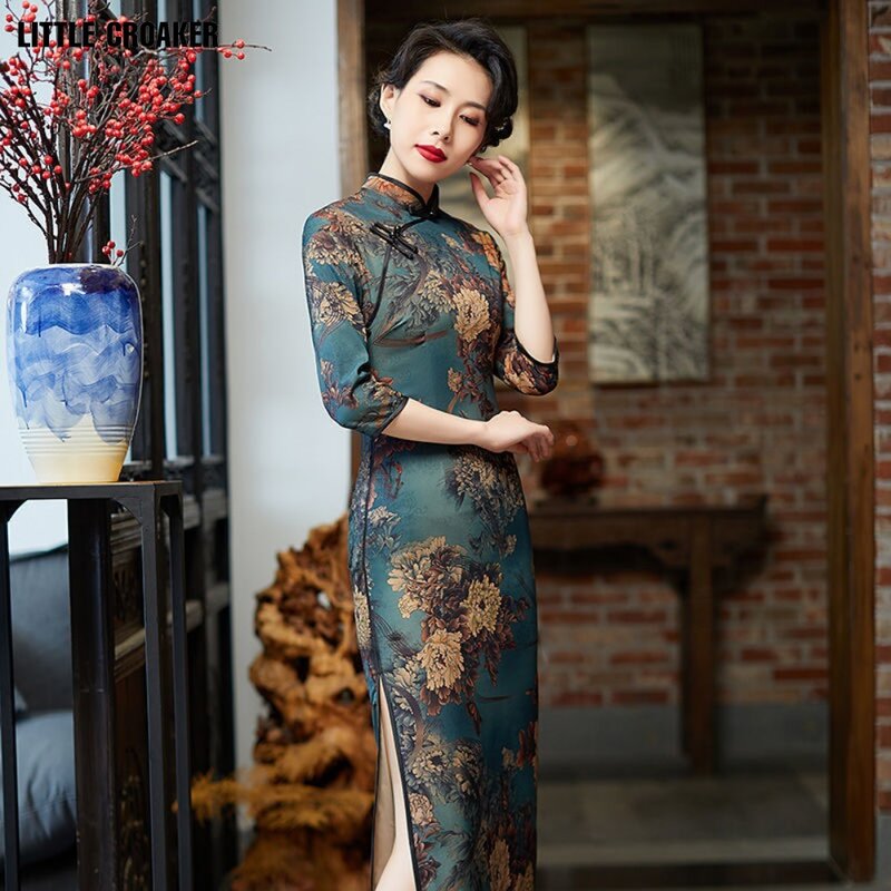 Frauen Chinesisch neue Chinoiserie Herbst Cheong sam Qipao modifiziert Qipao langes Kleid lange modifiziert Vintage