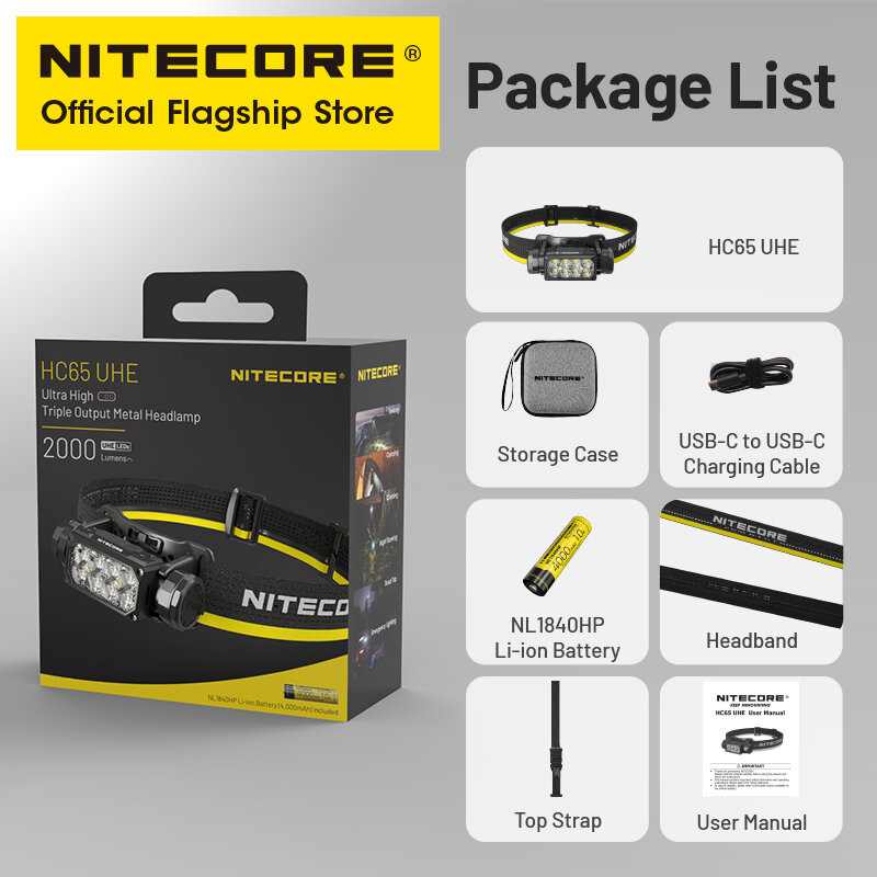 Nitecore ไฟหน้า LED HC65 UHE, USB-C 2000ลูเมนชาร์จได้8คอร์ lampu depan LED คู่ลำแสงคู่4000mAh แบตเตอรี่ Li-ion 18650