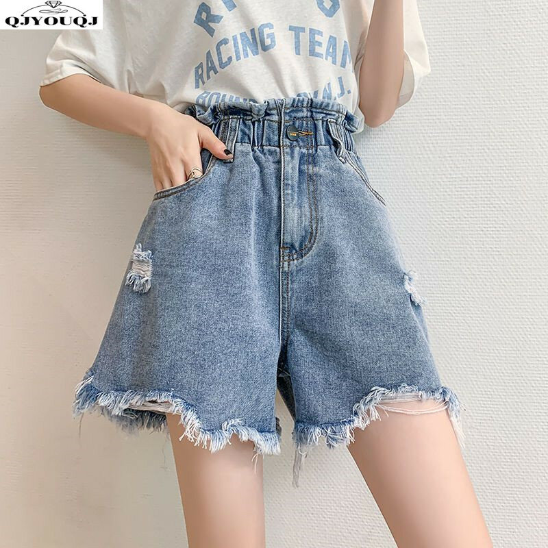 Large Size Perforated Denim Shorts for Women's Summer A-line Wide Leg Loose High Waist Slimming Fashion Shorts