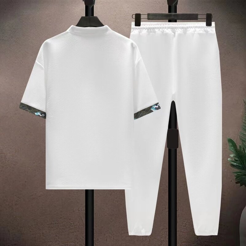 Новинка лета 2024, мужской крутой свободный комплект в китайском ретро-стиле из ледяного шелка, длинные брюки с коротким рукавом, повседневные спортивные женские