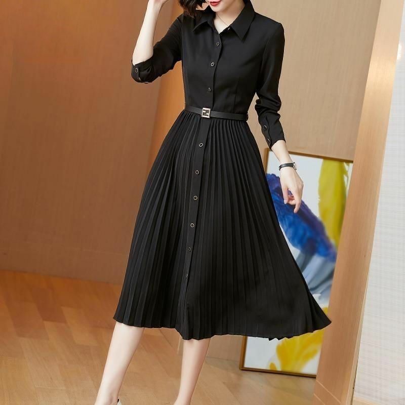 Moda autunno nuovo nero a maniche lunghe Slim Office Lady Dress snello elegante popolarità impero tinta unita abbigliamento donna 2022