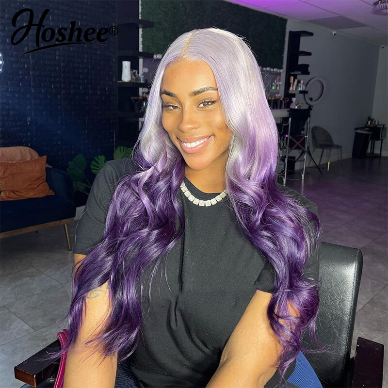 Ombre Gekleurde Paarse Kleur Body Wave Brazilian Remy Lijmloze Frontale Pruik Voor Zwarte Vrouw 13X4 Lace Front Human Hair Pruiken Te Koop