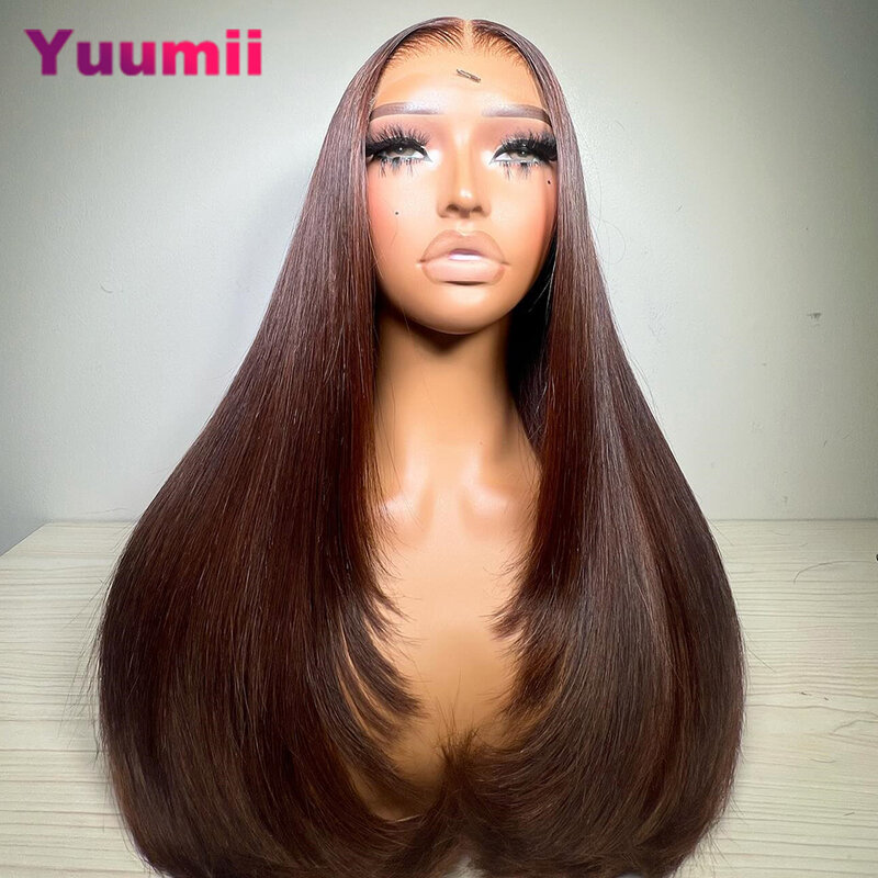 Transparent Dark Brown Straight Human Hair Wigs 5x7 Closure Wig Pre Pucked Chocolate Brown 13x4 13x6 Lace Frontal Wig for Women
