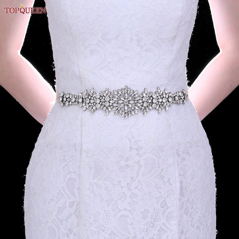 TOPQUEEN-cinturones de boda con diamantes de imitación S319, faja decorativa con piedras, cintas de satén con joyas, apliques de vestido de novia plateado